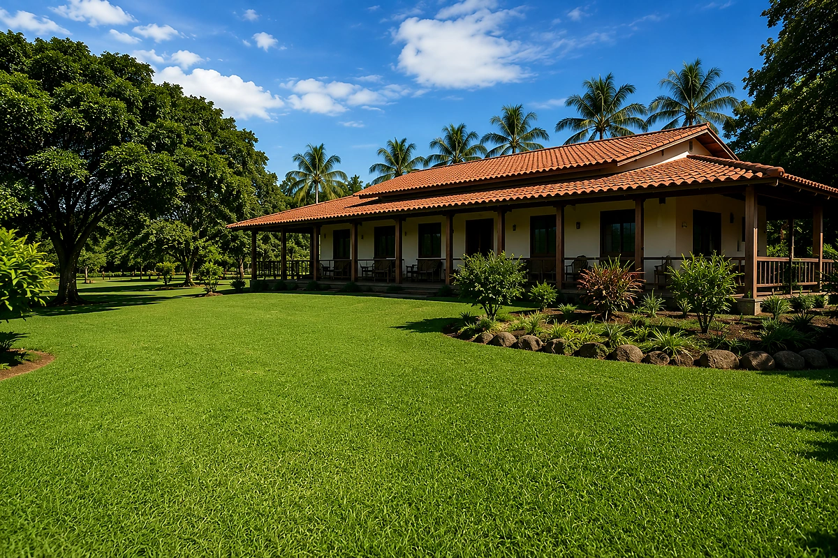 Área próxima à casa de campo com gramado bem acabado