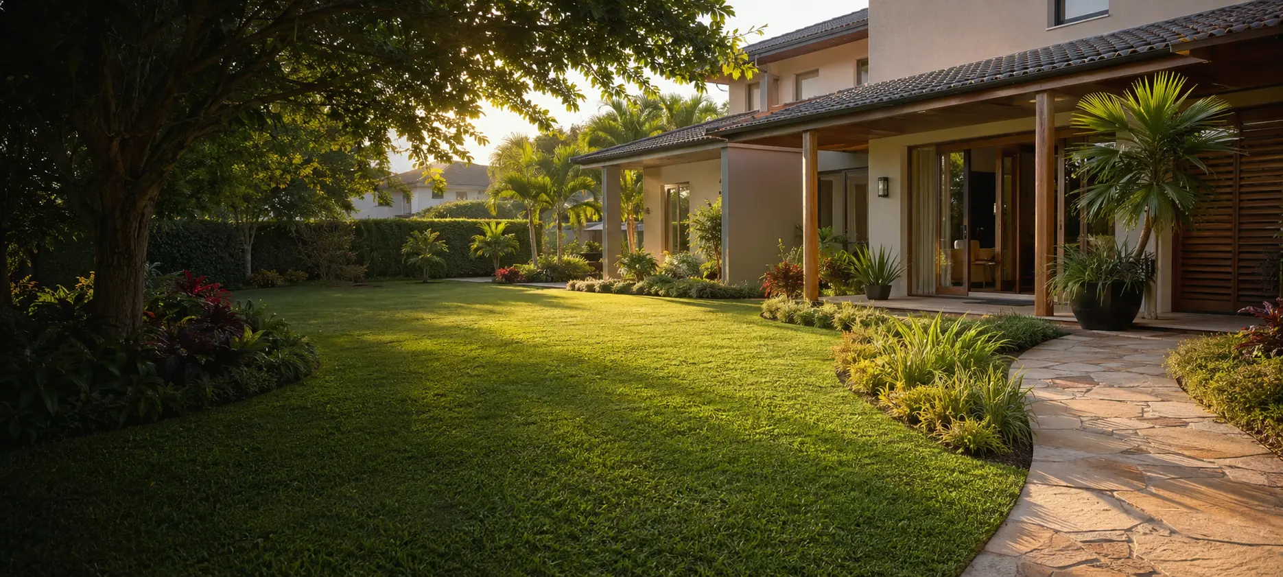 Jardim residencial brasileiro com amplo gramado natural