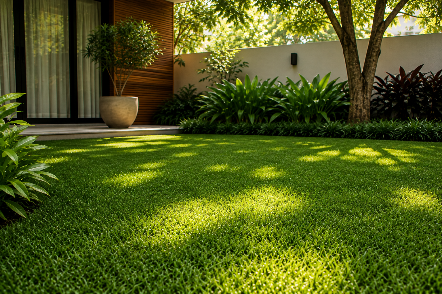 Jardim com Grama São Carlos em luminosidade parcial e áreas de meia-sombra